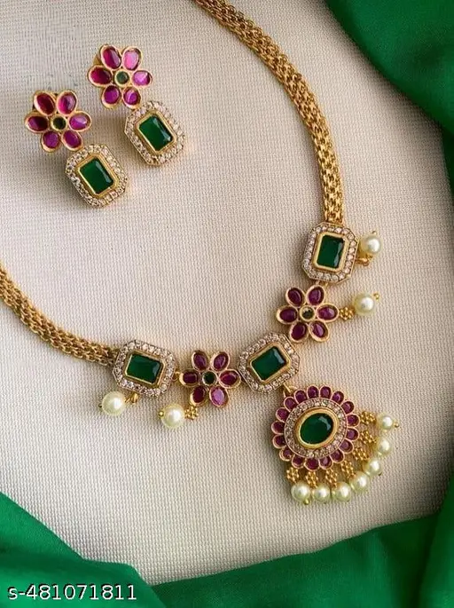 Traditional Stone Necklace, Traditional Multi color Jewellery Set, Statement Gold Necklace, Premium Gold Necklace, Elegant Traditional Necklace, Bridal Gold Necklace