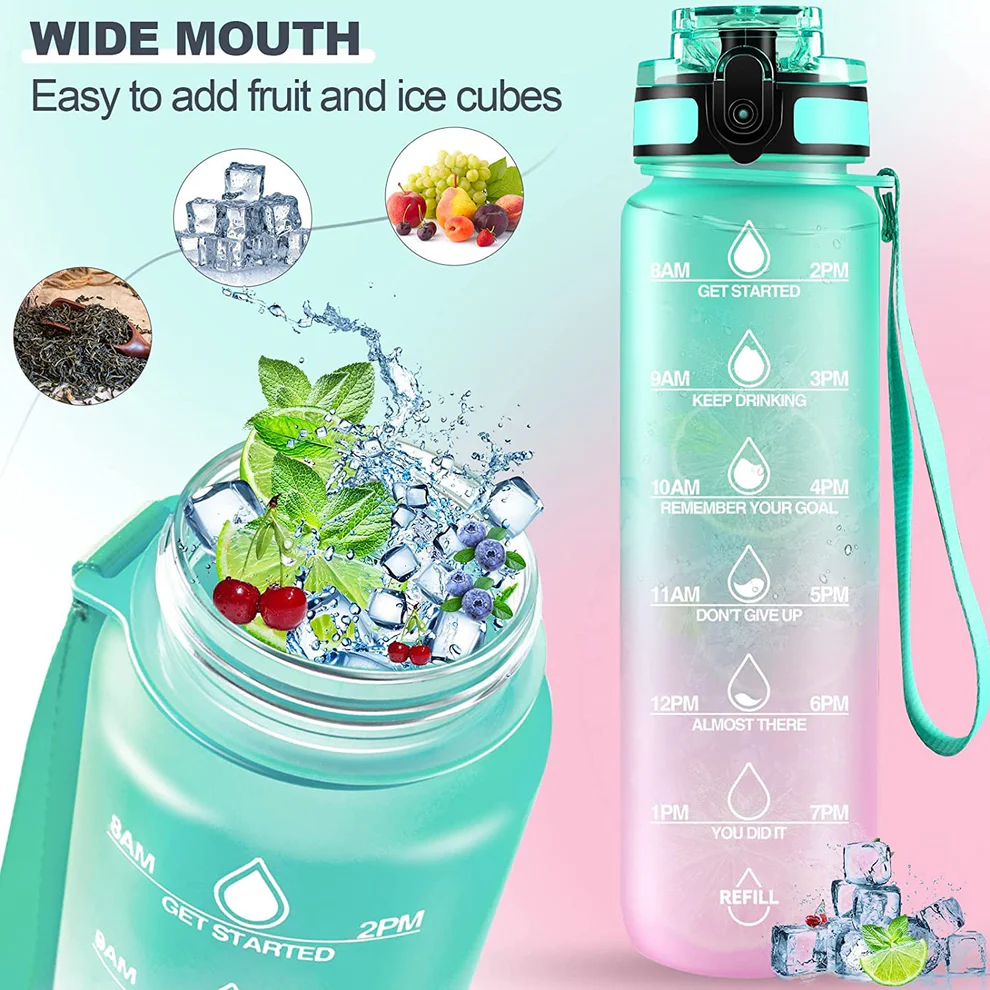 Motivational Water Bottle with Straw & Time Marker - Leakproof