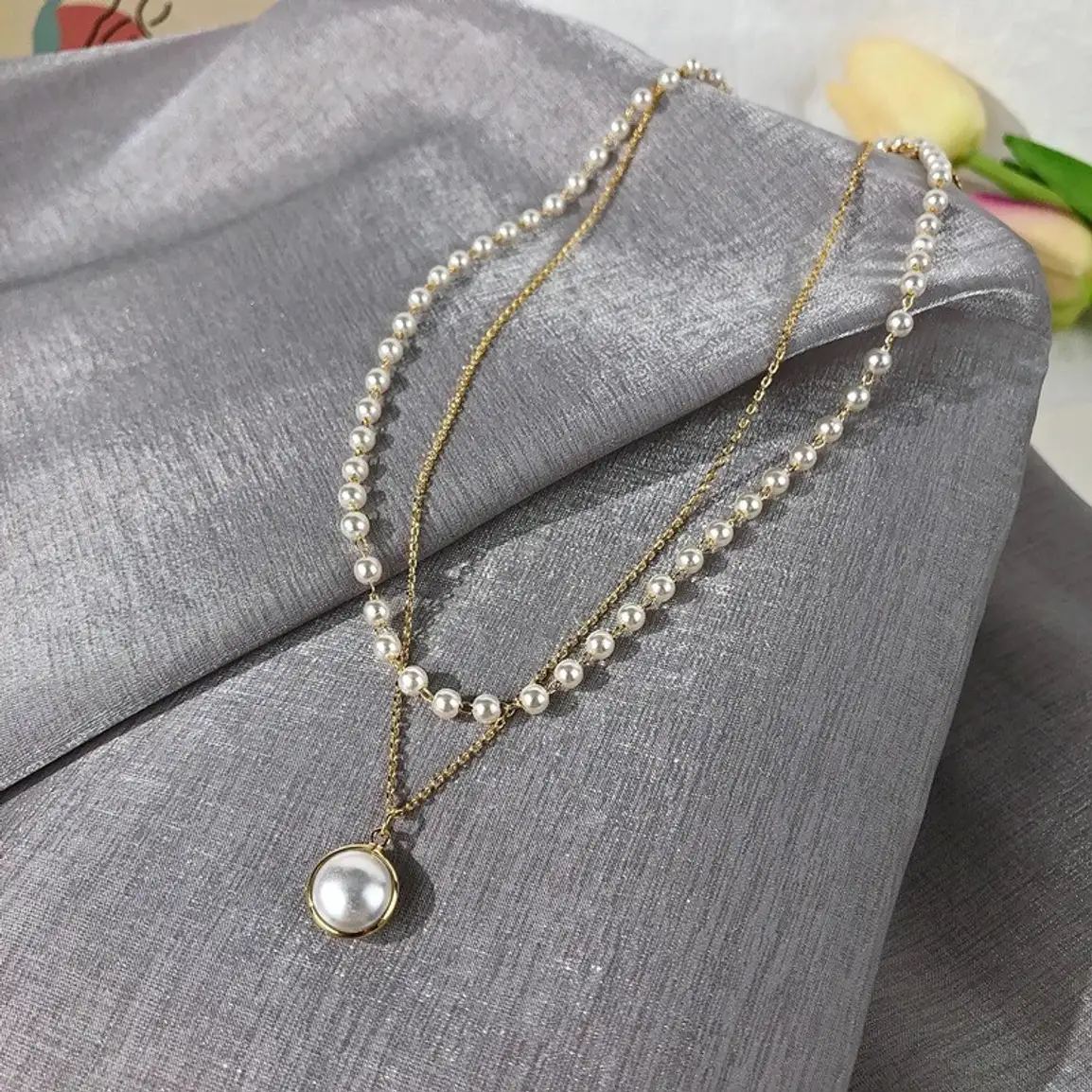 Vembley Charming Gold Plated Pearl Double Layered Pendant Necklace