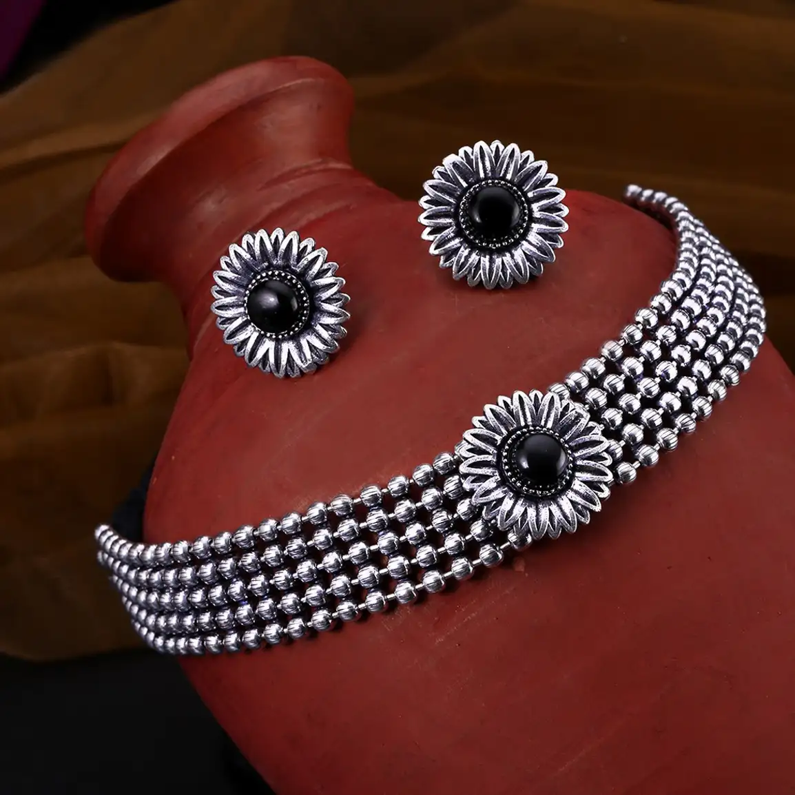 Oxidised Silver Choker Necklace Set