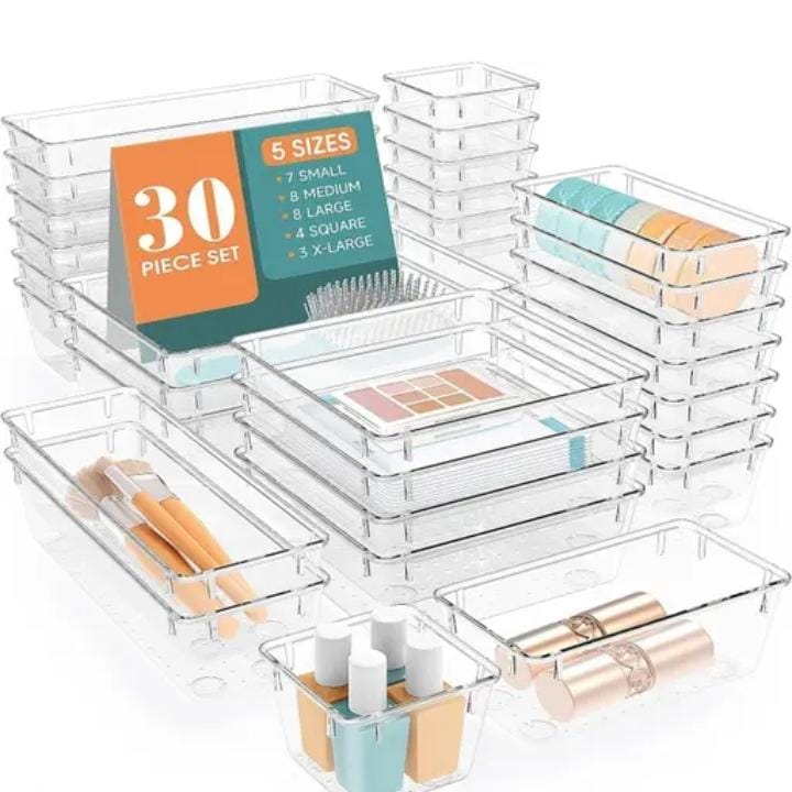 30 PCS Clear Plastic Drawer Organizers Set, 4 Size Desk Drawer Organizer Trays for Makeup, Jewelry, Kitchen Utensils, Gadgets and Office Accessories