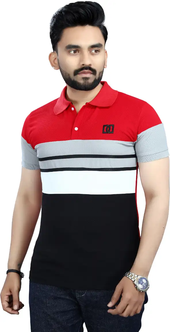 Lonaxa Striped Men Polo Neck Reversible Red, Multicolor T-Shirt