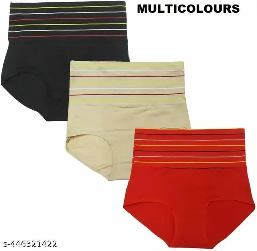 PACK 3 TUMMY MULTICOLOURS - Women's Cotton High Waist Tummy Control/Tummy Tucker Panties Brief Full Coverage Shapewear Underwear