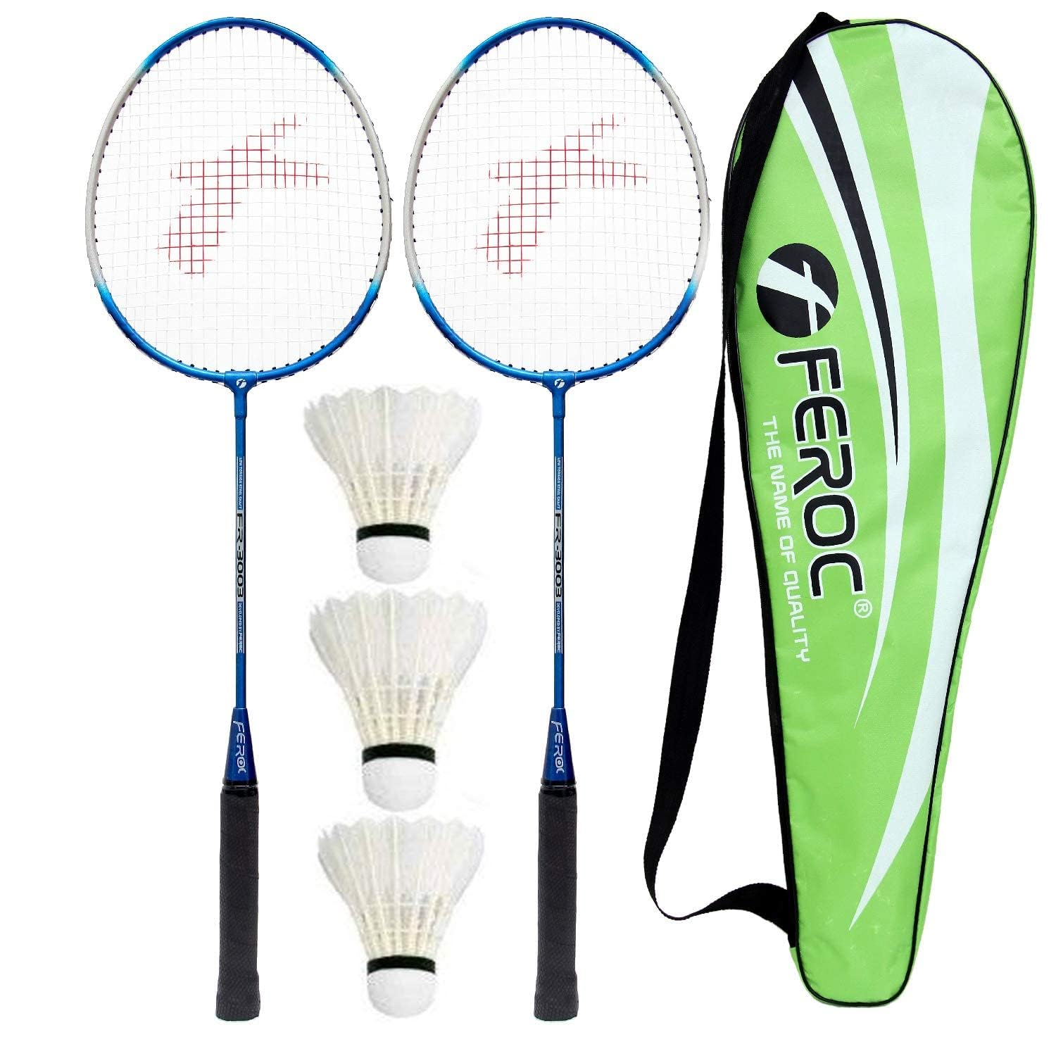 Feroc Beginner Aluminum Steel Shaft Badminton Racket Set of 2 with 3 Pieces Feather Shuttles with Full Cover (Blue)
