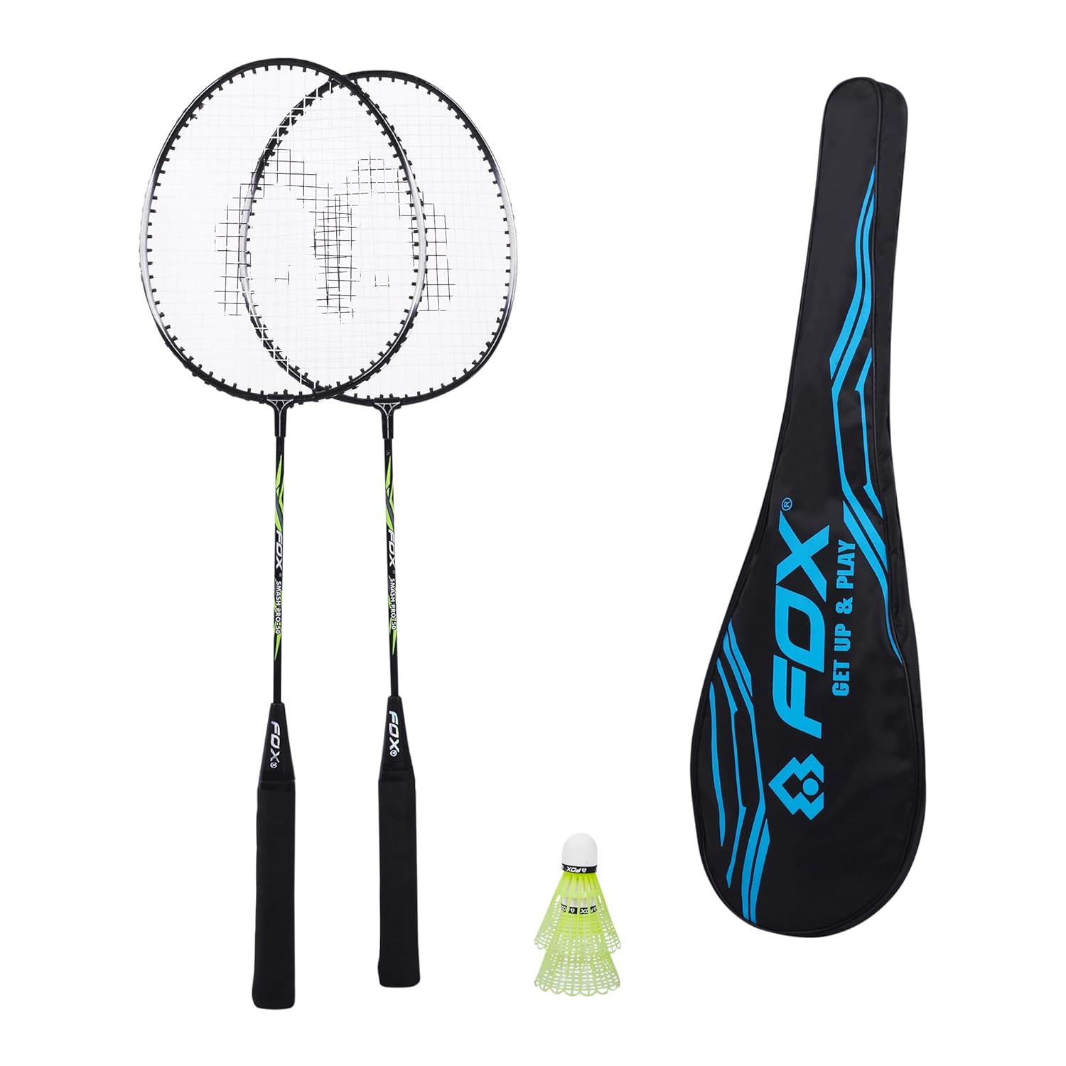 FOX Smash PRO 50 Badminton Combo (2 Racquets, 2 Shuttle, 1 Full Bag) | Badminton Shuttle Racket for Men Women | Badminton Kit with Bag, Lightweight for Beginner Recreational - Green
