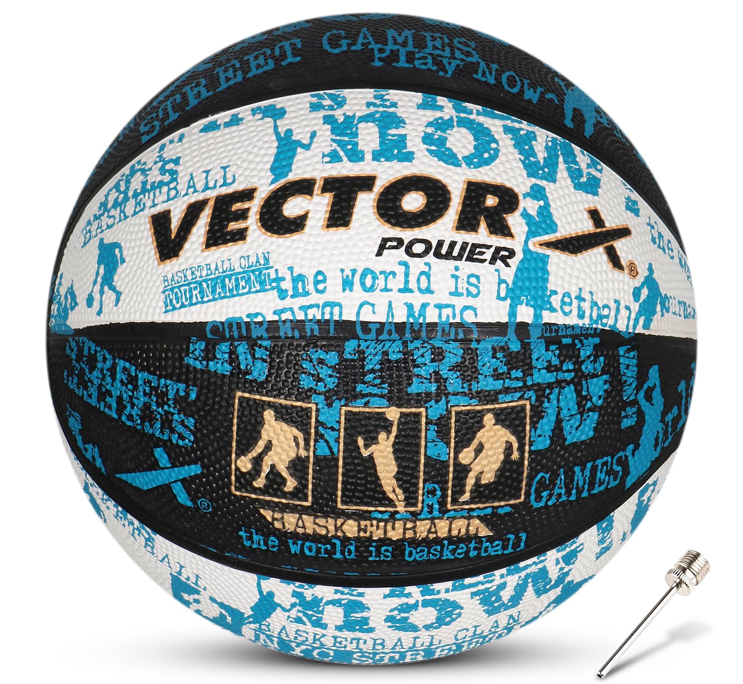 Vector X Power Rubber Moulded Indoor/Outdoor Basketball with Butyl Bladder, Black-White-Blue, Size: 5 (Suitable for Practice/Match/Training) + Free Air Needle