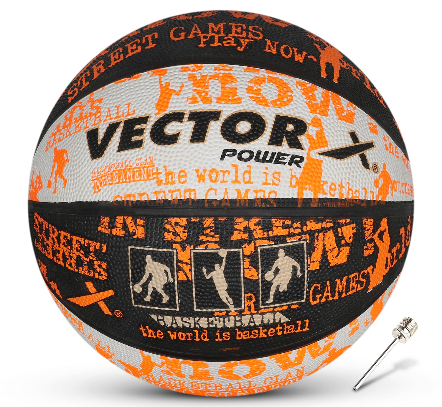 Vector X Power Rubber Moulded Indoor/Outdoor Basketball with Butyl Bladder, Black-White-Orange, Size: 3 (Suitable for Practice/Match/Training) + Free Air Needle